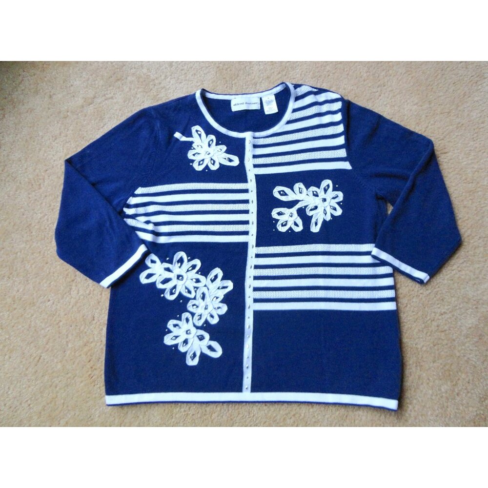 Alfred Dunner Striped Flower Knit Sweater Navy White Women's Medium